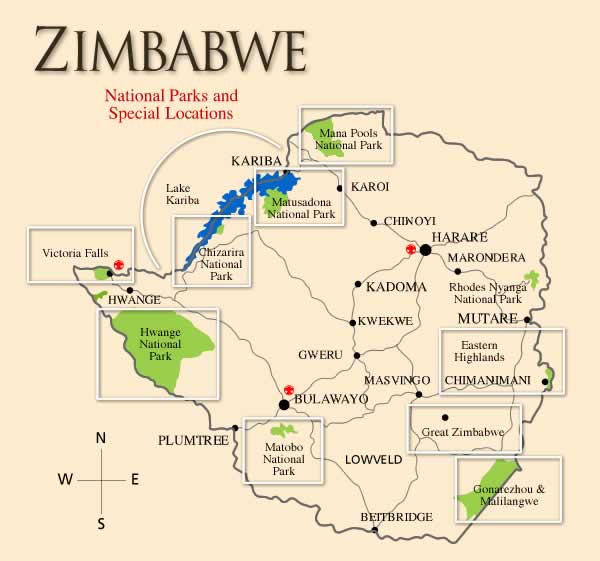 Схема маршрута, где находится парк Матопос-Матобо. National Park in Zimbabwe